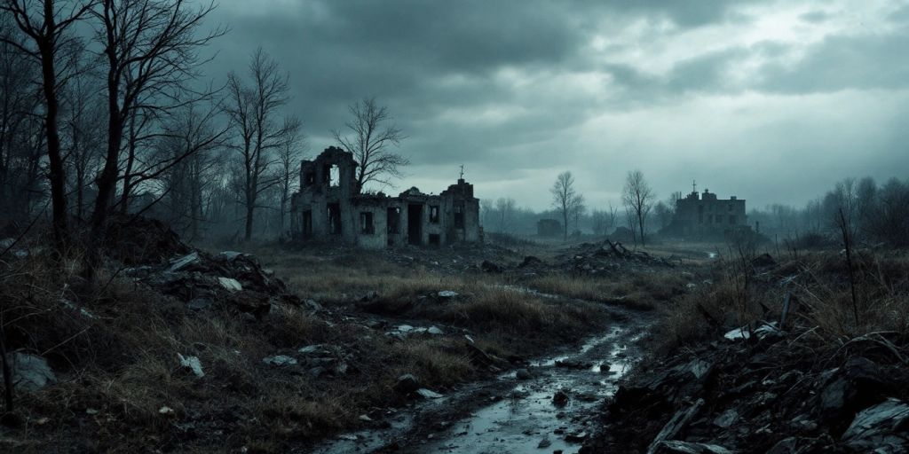 War-torn landscape of Ukraine with ruined buildings.