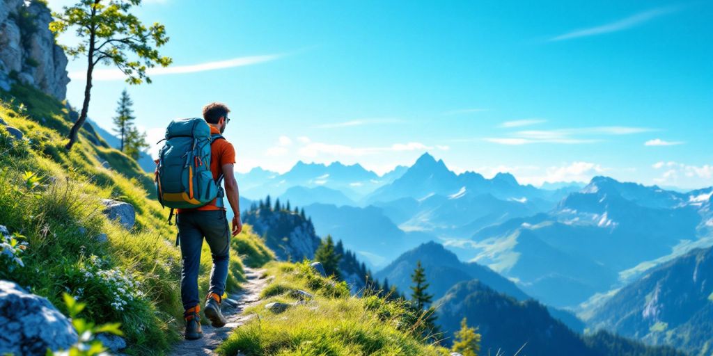 Hiker on a mountain trail in Europe.
