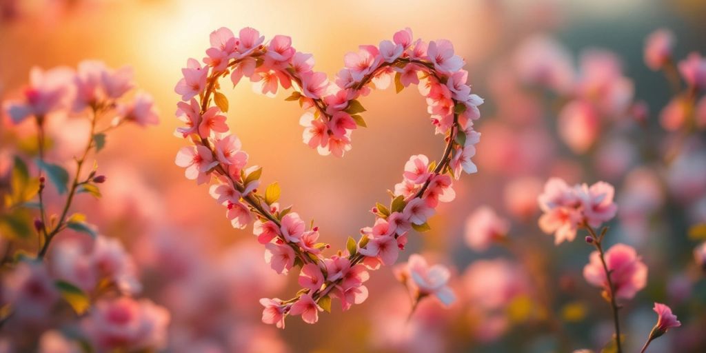 Sunset with floral hearts representing love and warmth.