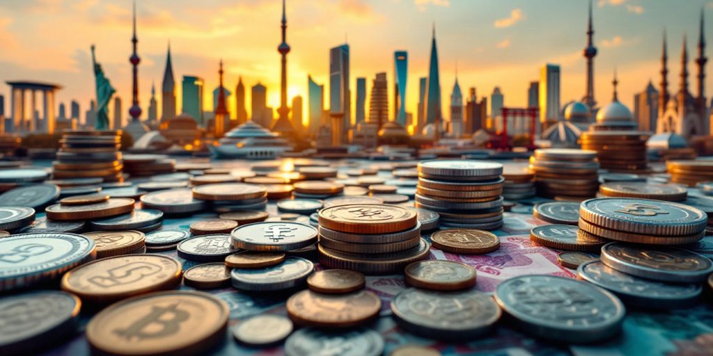 Diverse currencies and international landmarks highlighting global economic change.