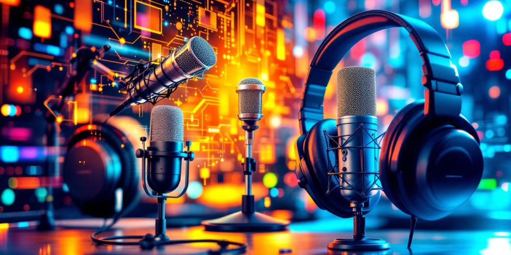 Collage of podcast equipment with tech-inspired background.