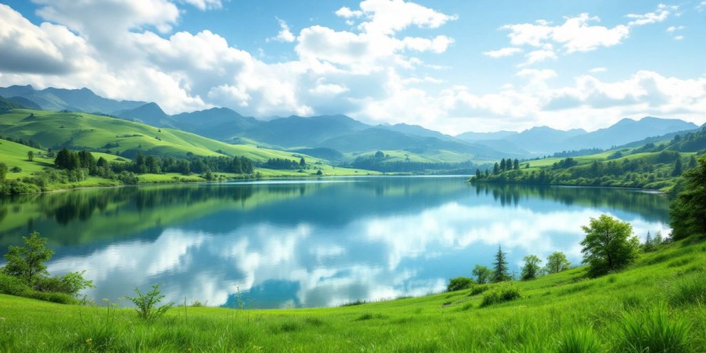 Lush green landscape with a serene lake reflecting the sky.