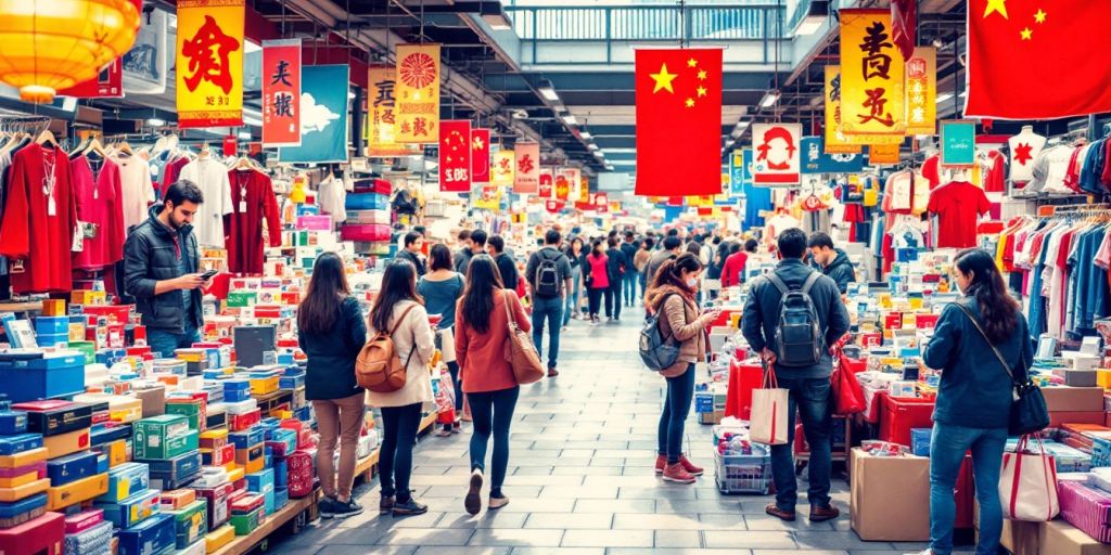 Colorful Chinese market scene with diverse products and shoppers.