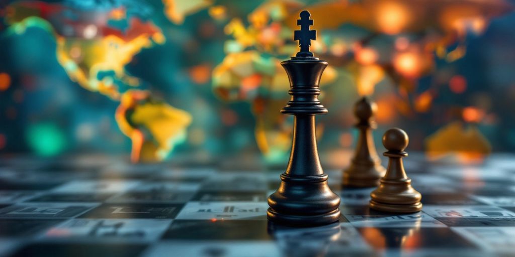 A chessboard with landmarks representing global geopolitics.