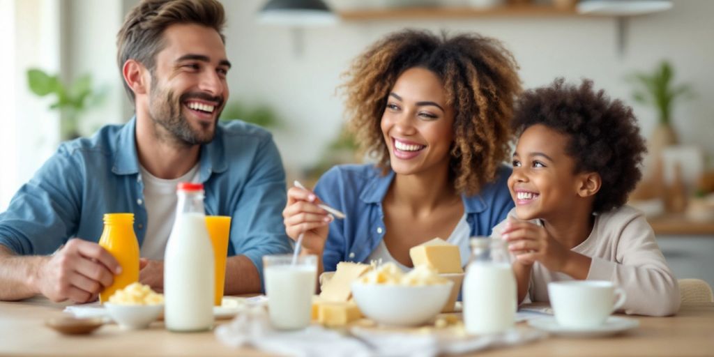 Family enjoying dairy products together at a dining table.