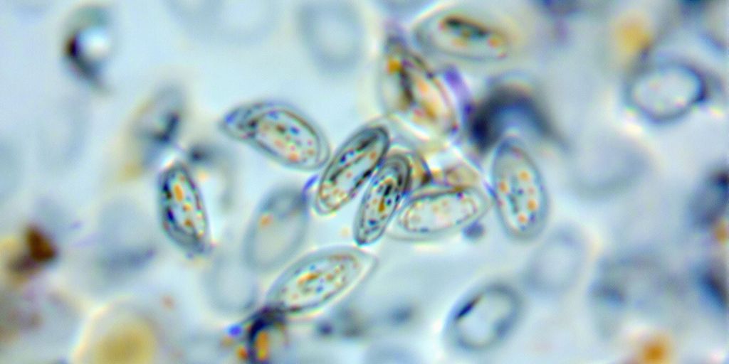 Microscopic view of cells undergoing mitosis.