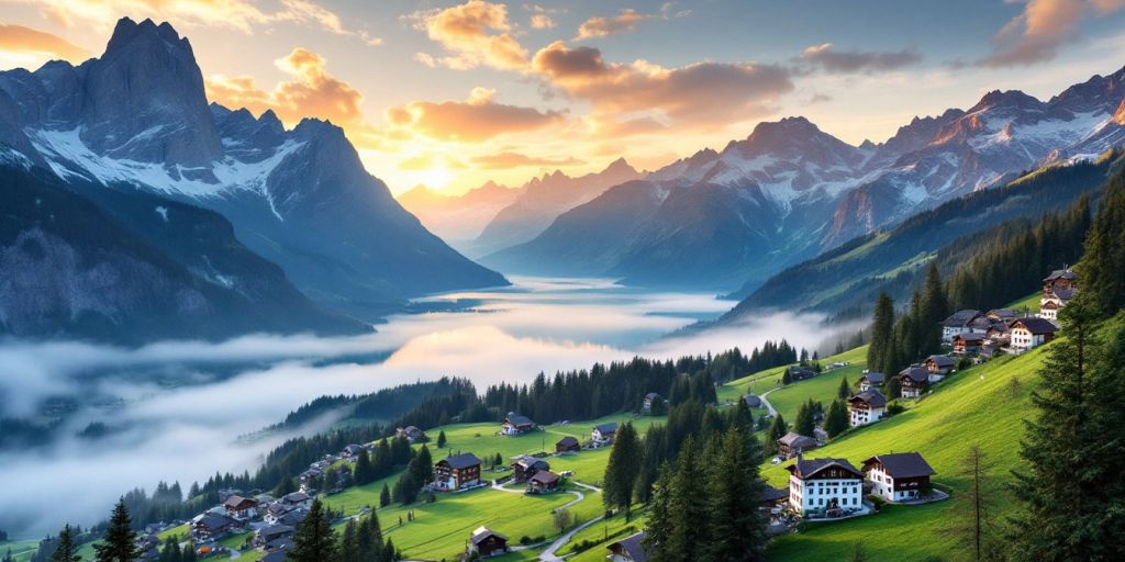Scenic Swiss Alps with green valleys and chalets.