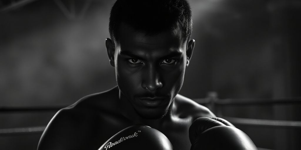 Black-and-white photo of a focused boxer in training.