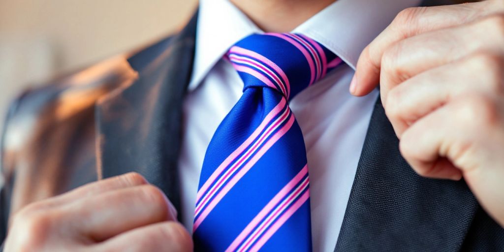 Person tying a classic necktie with focused hands.