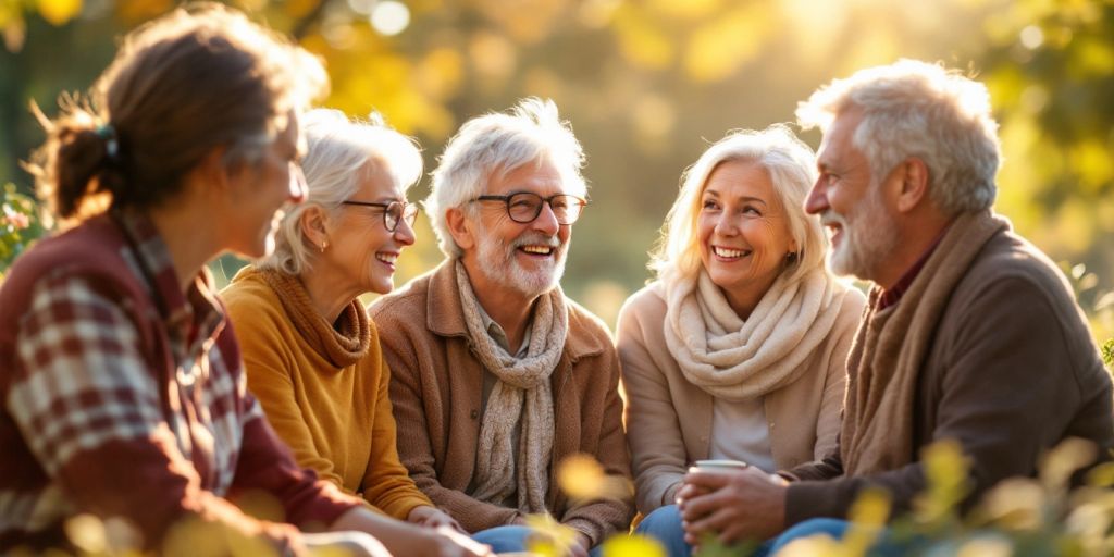 Diverse people across generations talking in a natural setting.