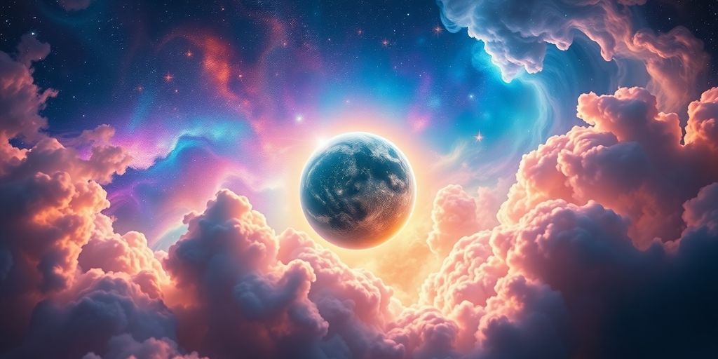Celestial image with a planet and starry sky.