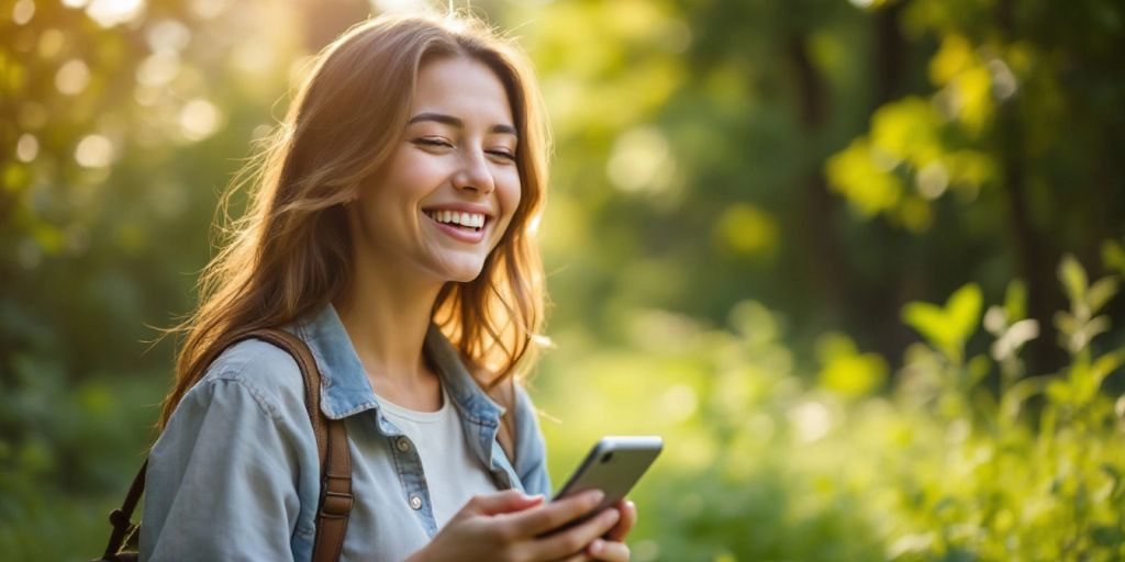 Person in nature with a simple phone, smiling peacefully.