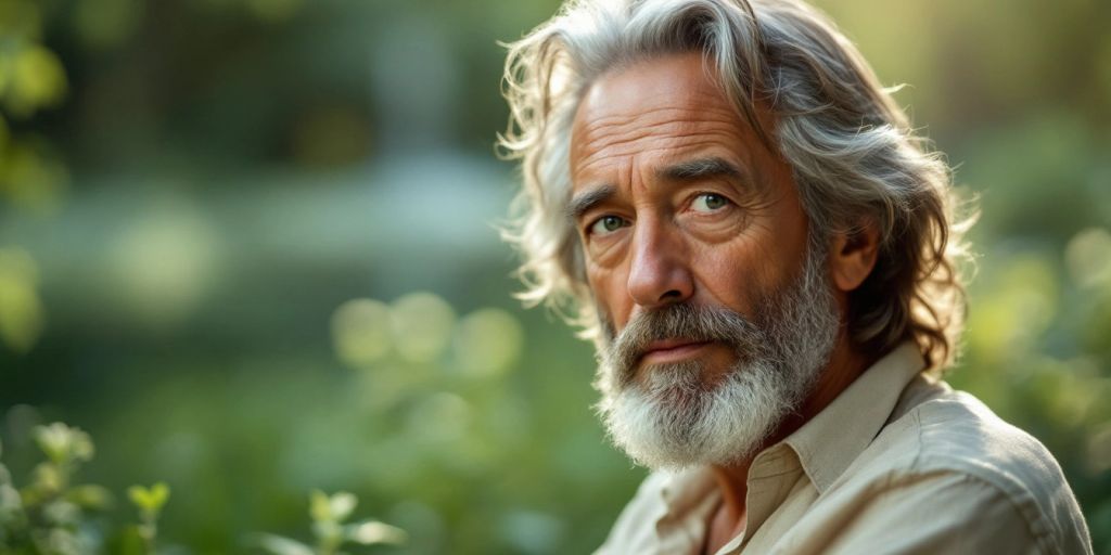 Portrait of Alan Watts in a peaceful natural setting.