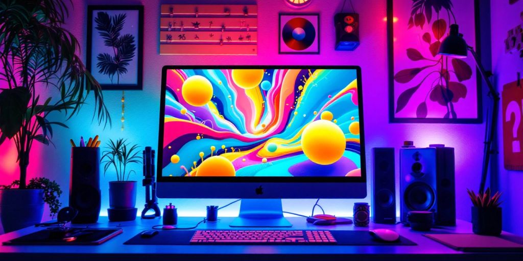 A workspace with a computer and AI video display.