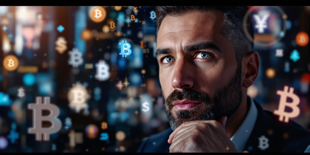 Portrait of Michael Saylor with cryptocurrency symbols background.