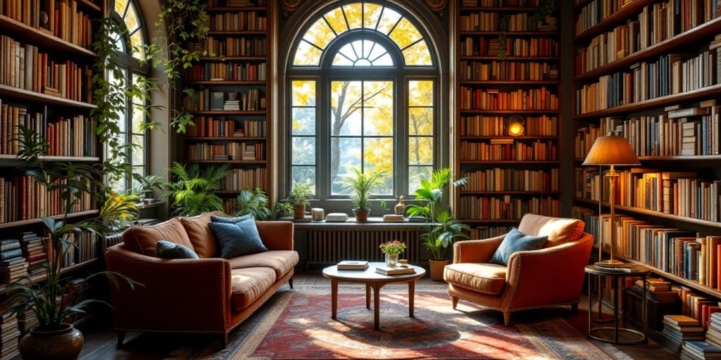 Cozy library with books and warm lighting.