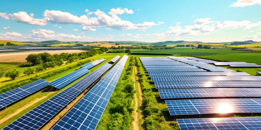 Photographic image of a solar panel farm in sunlight.