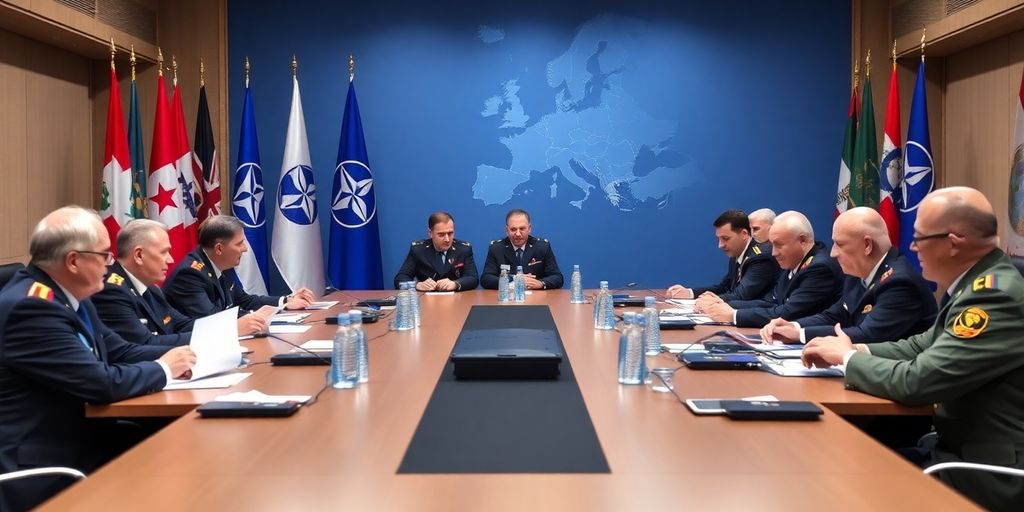 NATO representatives discussing security in a meeting room.
