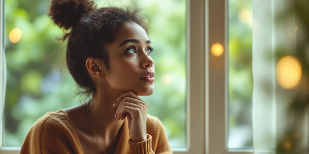 Person reflecting by a window, surrounded by nature.