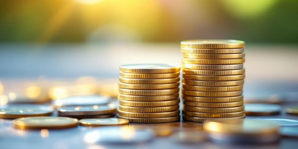 Close-up of stacked coins reflecting light.