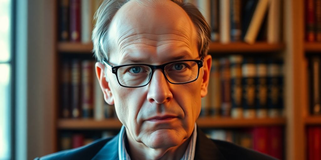 John Mearsheimer in a library, immersed in study.