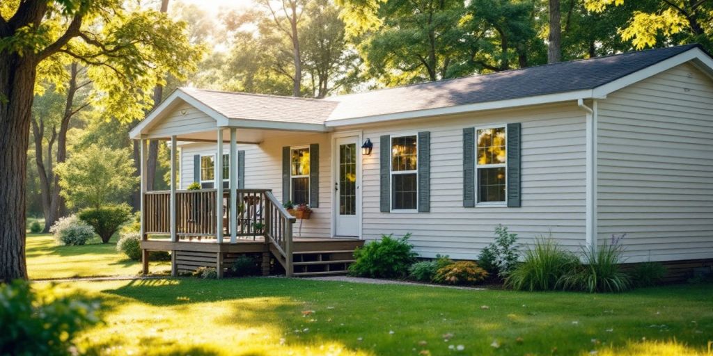 Modern mobile home in a serene outdoor setting.