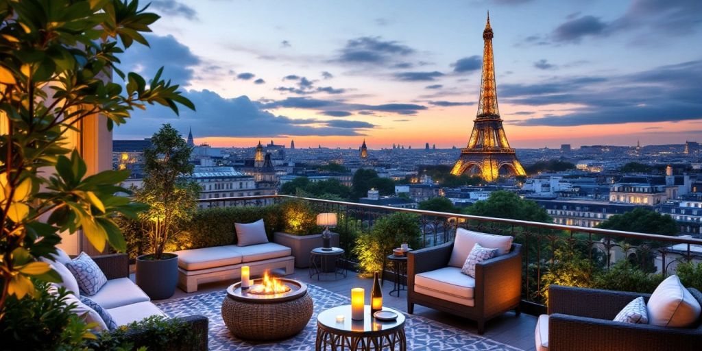 Luxurious hotel terrace overlooking the Eiffel Tower in Paris.