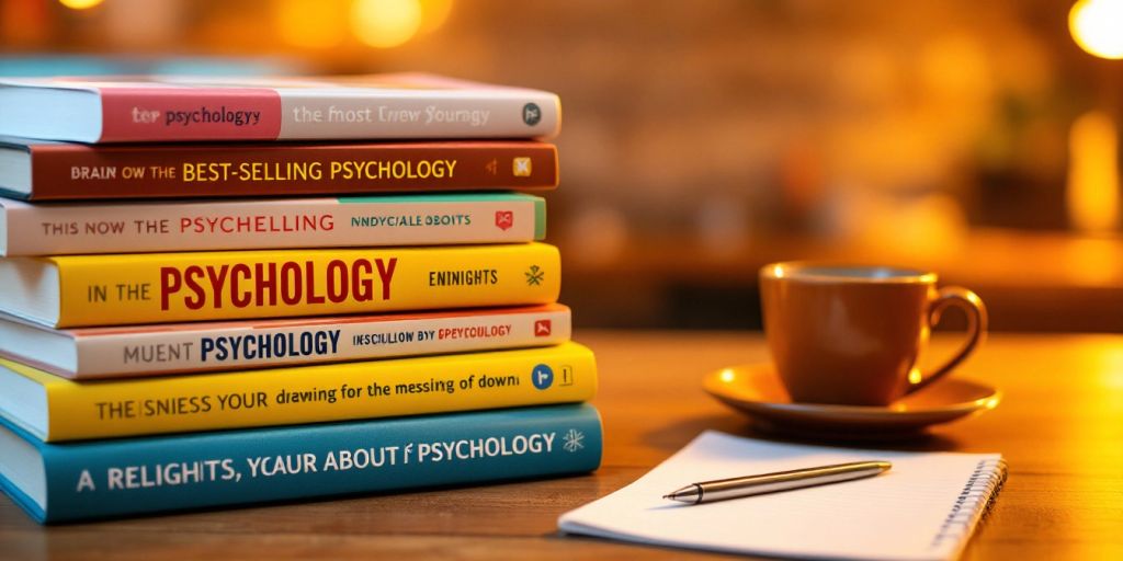 Stack of psychology books with a cup of coffee.
