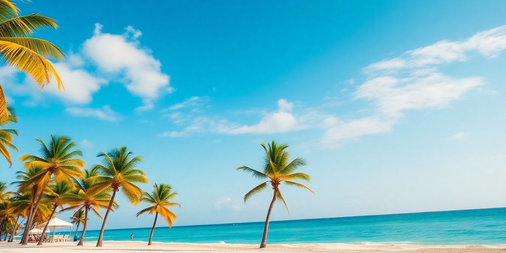 Beach scene in Florida with palm trees and clear skies.