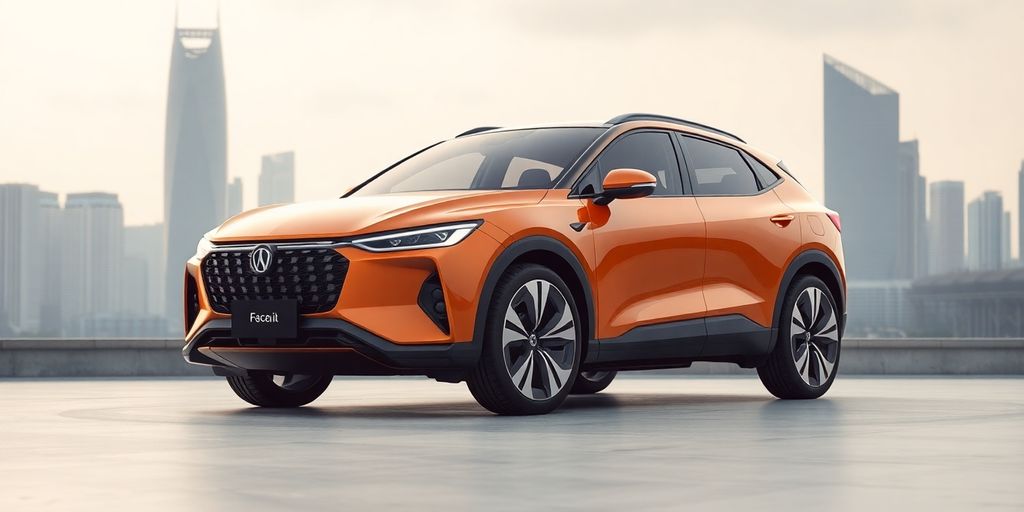 Modern Chinese car in a futuristic city setting.