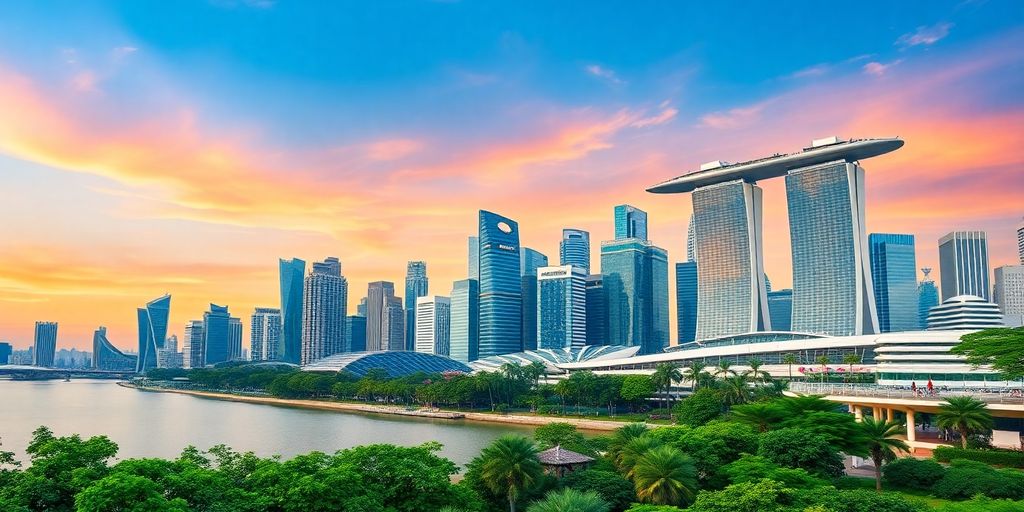 Modern Singapore skyline with lush greenery and skyscrapers.