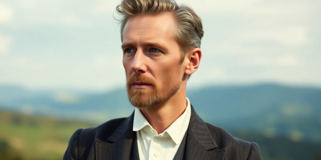 Portrait of Søren Kierkegaard in a serene setting.