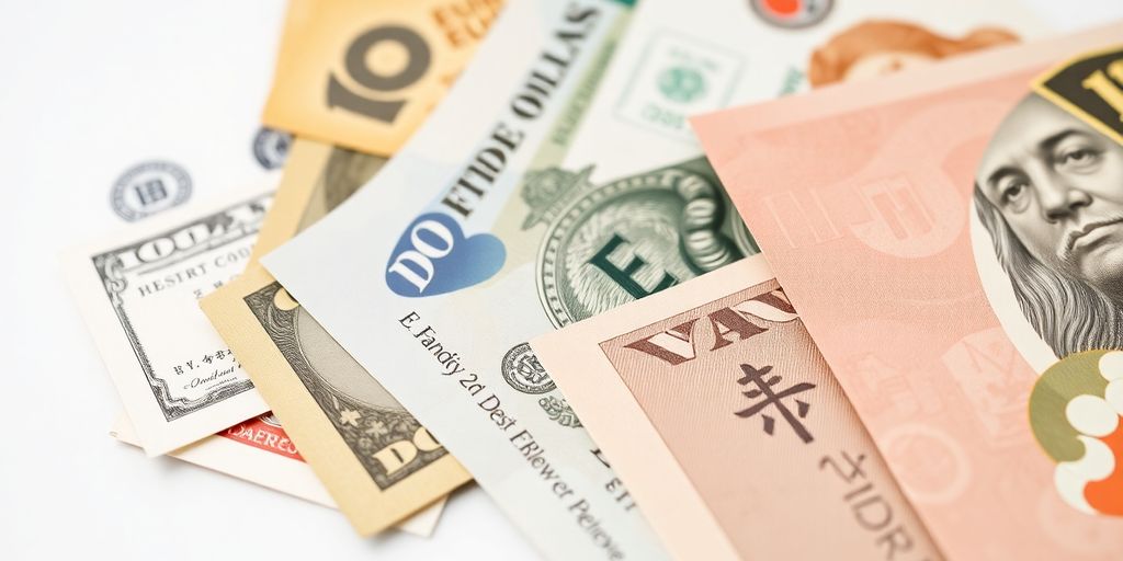 Variety of global currencies arranged artistically on a surface.