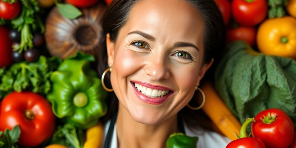 Dr. Casey Means smiling with fruits and vegetables around her.