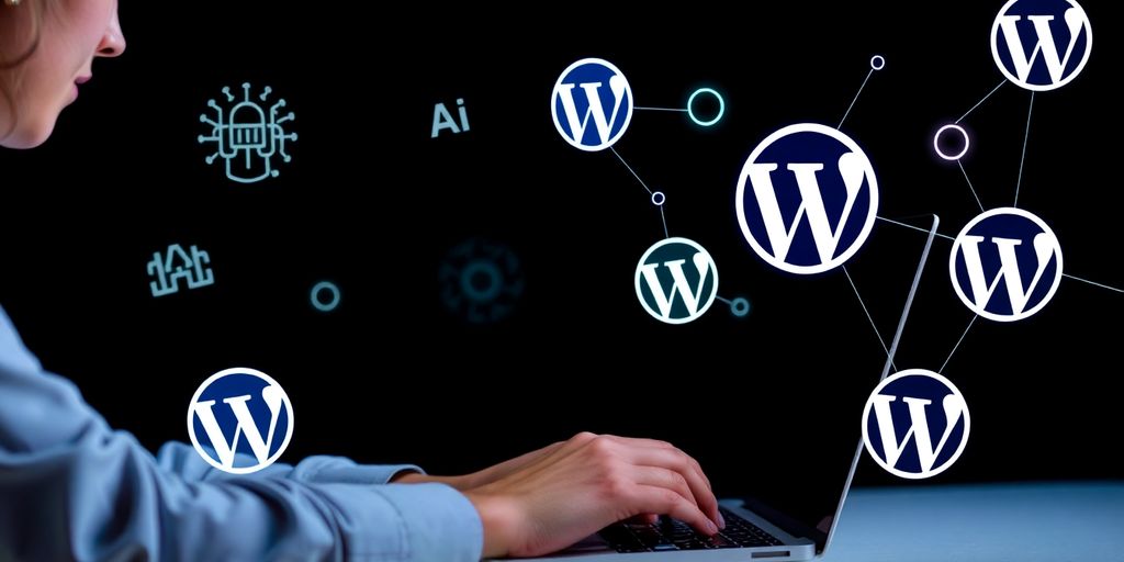Person working on laptop with AI and WordPress icons.