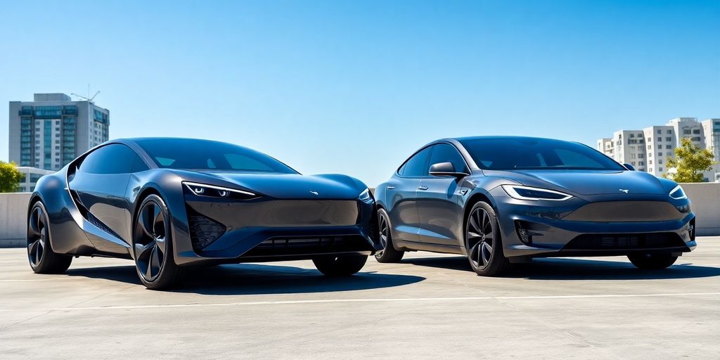 Zeekr and Tesla electric vehicles parked in urban setting.