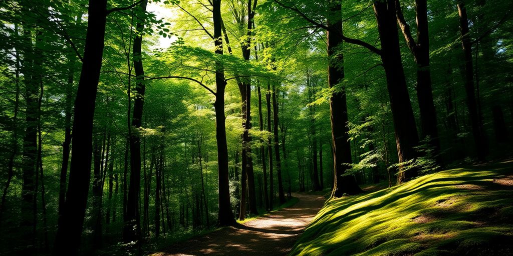 Lush forest with sunlight filtering through green leaves.