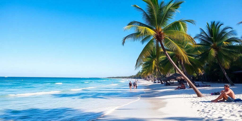 Beach in Tulum with clear skies and palm trees.