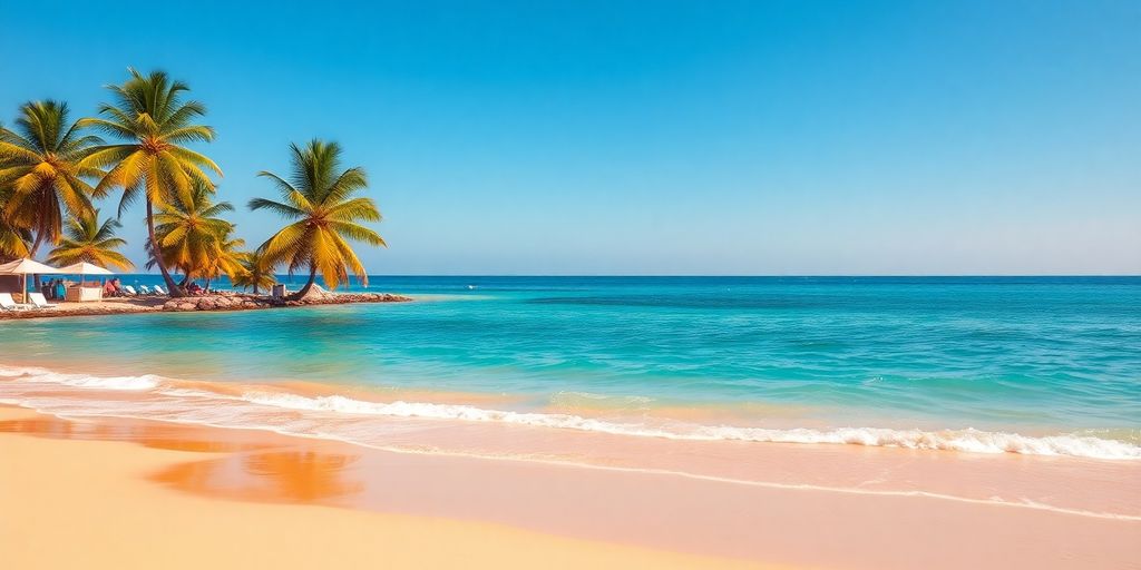 Sunny beach with palm trees and clear blue water.