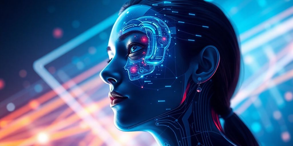 Futuristic person merging with digital elements.