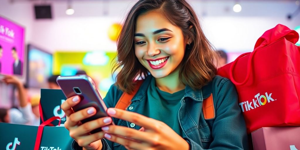 Young influencer with smartphone and TikTok merchandise.