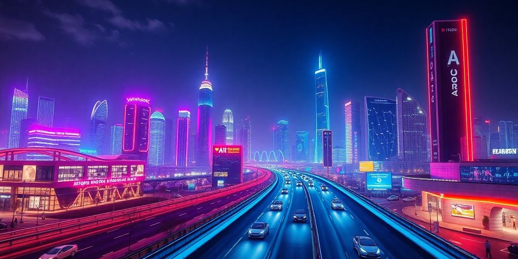 Futuristic city with neon lights and advanced technology.