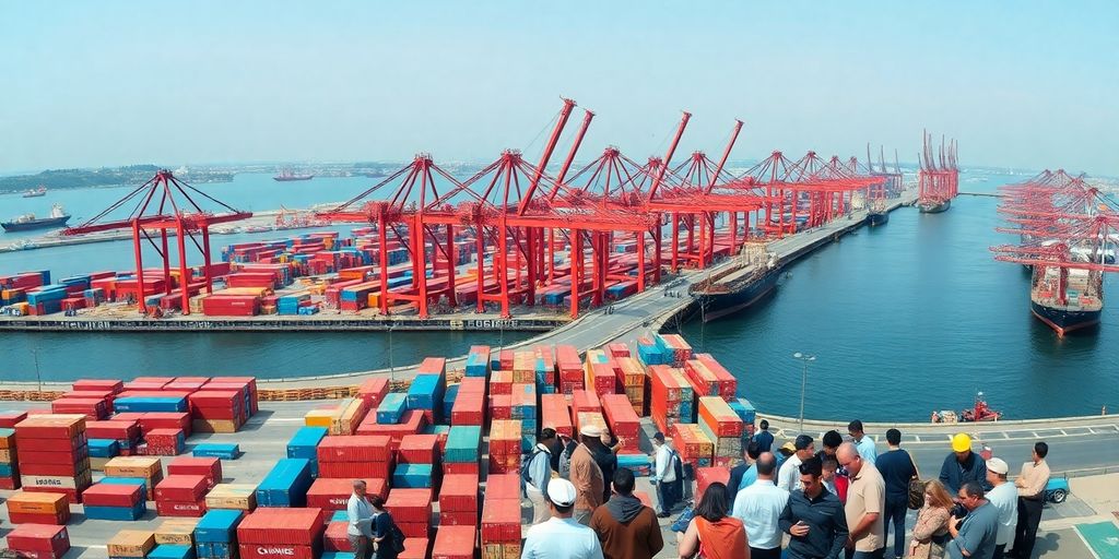 Busy shipping port with containers and diverse people collaborating.