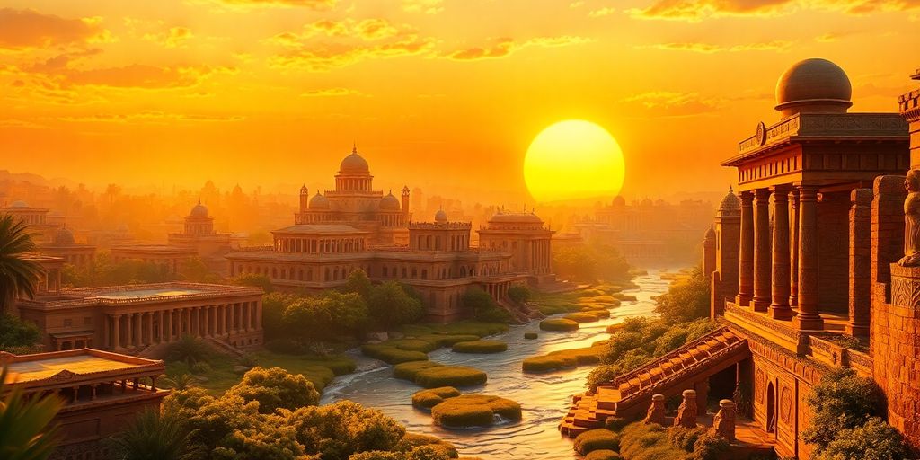 Golden cityscape with ancient architecture and sunset.