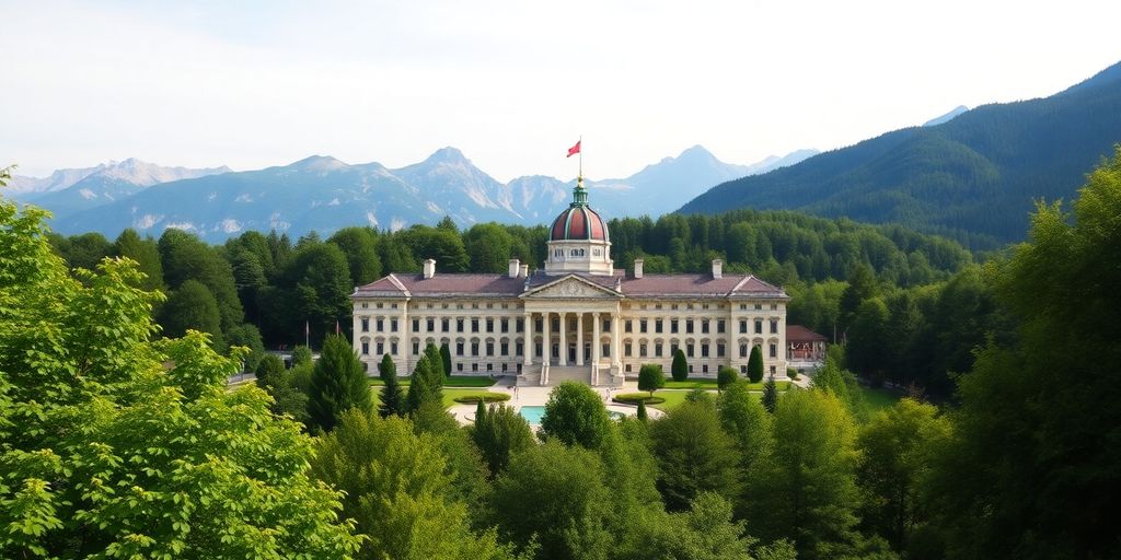 Swiss Parliament building with mountains and greenery backdrop.