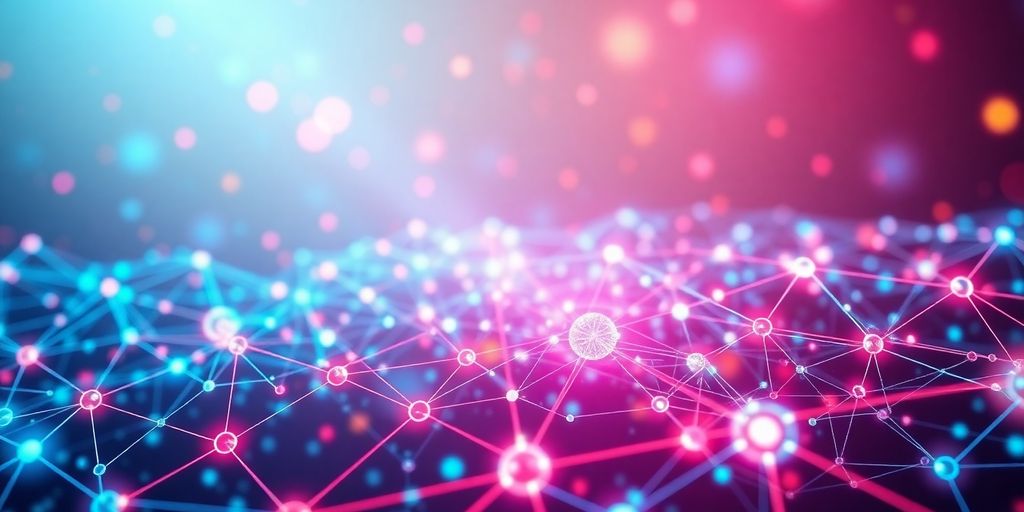 Futuristic digital landscape with interconnected nodes and colors.