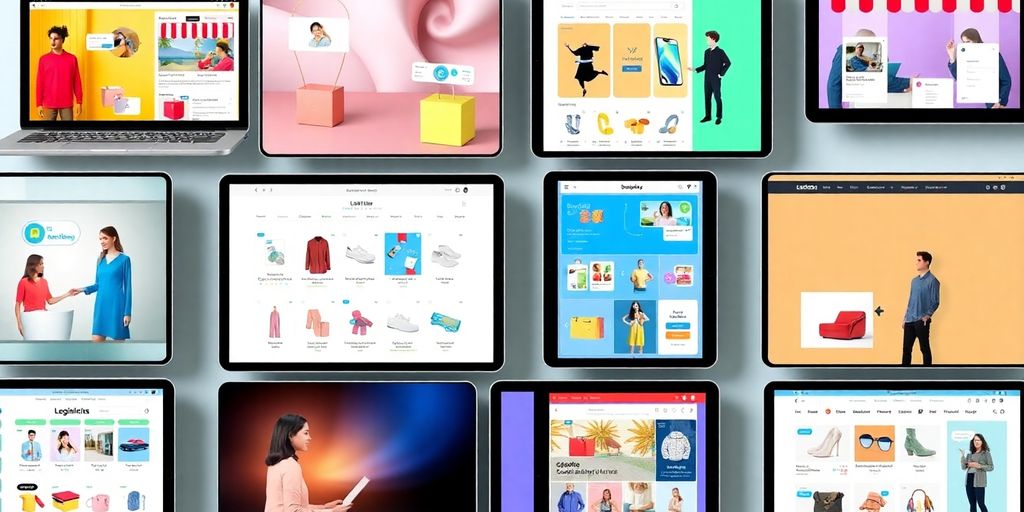 Diverse online shopping scenes with various products and devices.