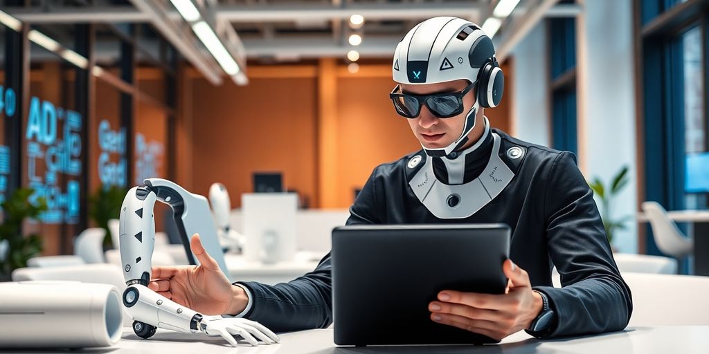 Futuristic AI agent with technology in a modern workspace.
