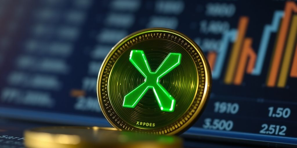 Close-up of a shiny green XRP coin.