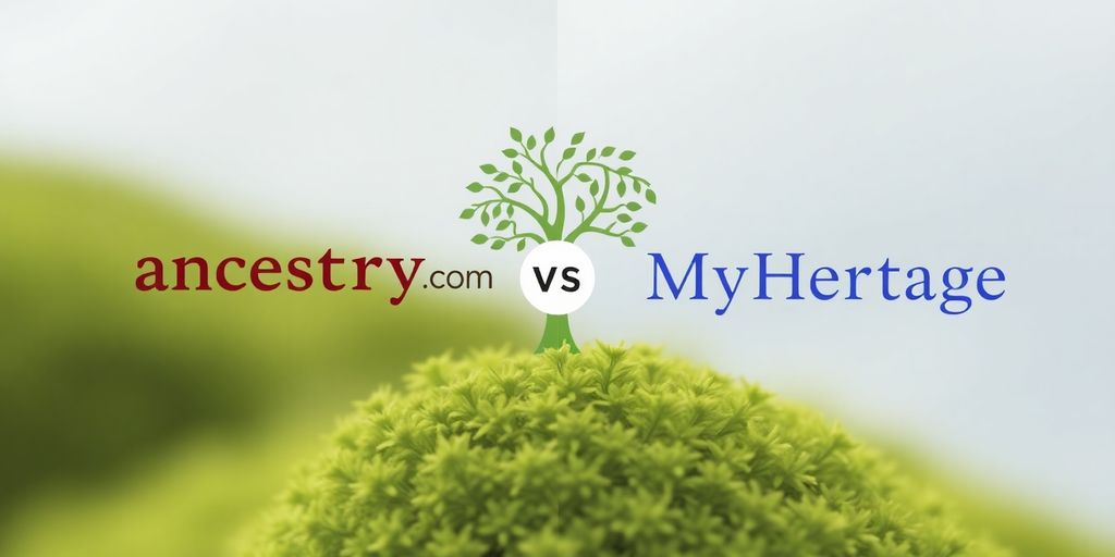 Logos of Ancestry.com and MyHeritage with family tree.